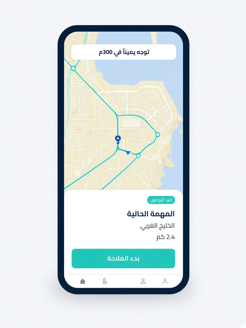 واجهة تطبيق دروبو للسائق تعرض الملاحة والمهمة الحالية