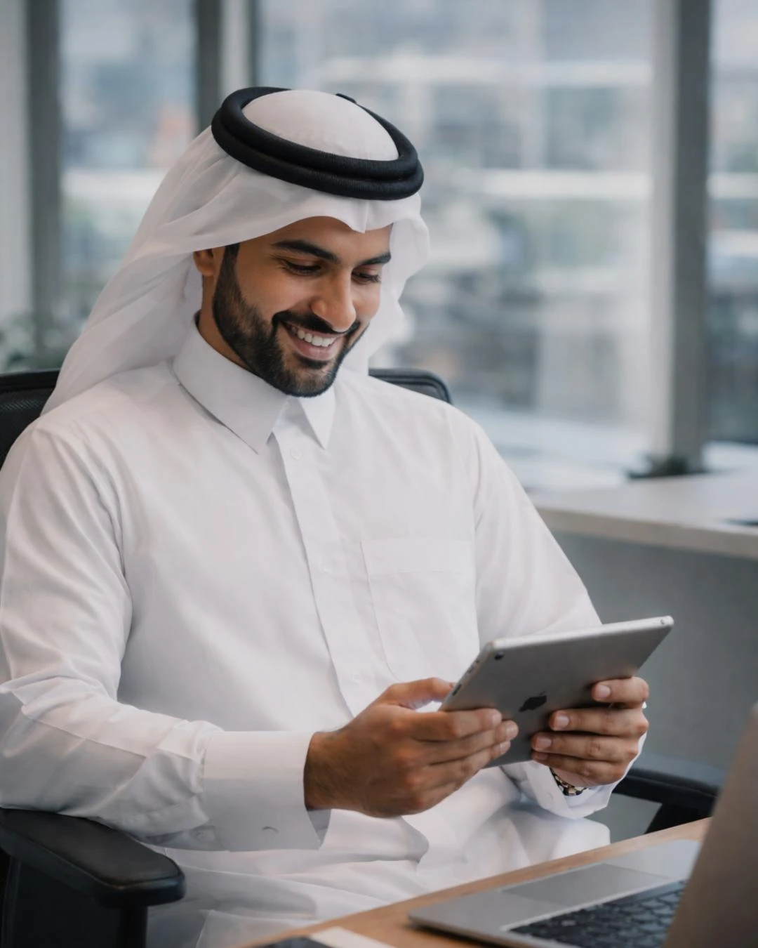 A business owner following his orders on a tablet